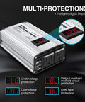 300W DC 12V To 110V Car Inverter With LED Display showing dual USB ports and AC outlets, designed for fast charging devices.