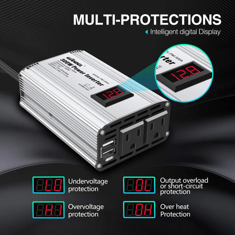 300W DC 12V To 110V Car Inverter With LED Display showing dual USB ports and AC outlets, designed for fast charging devices.