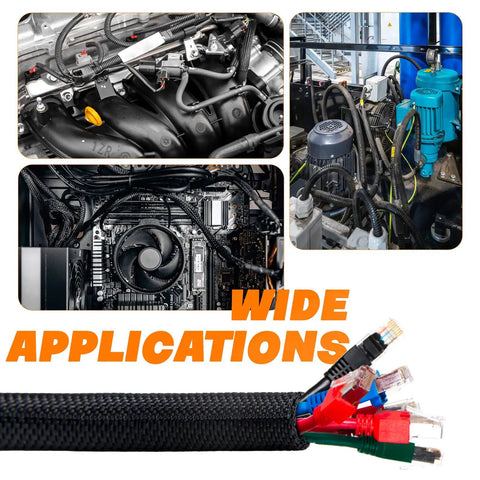 Braided Split Sleeve Cable Management for Cars and Home in various applications, showing self-wrapping wire loom protector in use