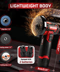 Rivlox cordless 3-inch angle grinder kit with 2x 12V 1500mAh batteries, charger, and 5 cutting discs