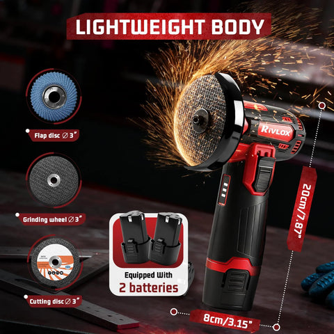 Rivlox cordless 3-inch angle grinder kit with 2x 12V 1500mAh batteries, charger, and 5 cutting discs