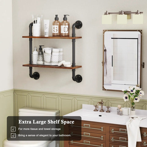 Heavy Duty Double Tier Industrial Pipe Wall Shelves With Genuine Rustic Wood holding bathroom essentials on two sturdy shelves.