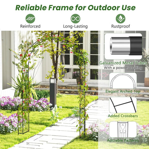 7.9 Ft Metal Garden Arch Trellis For Climbing Plants Like Roses And Clematis shown with detailed structure and material highlights