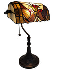 Tiffany Style Stained Glass Desk Lamp with 16 Inch Tall Body, Dark Amber Finish, Swivel Arm and Tilting Shade
