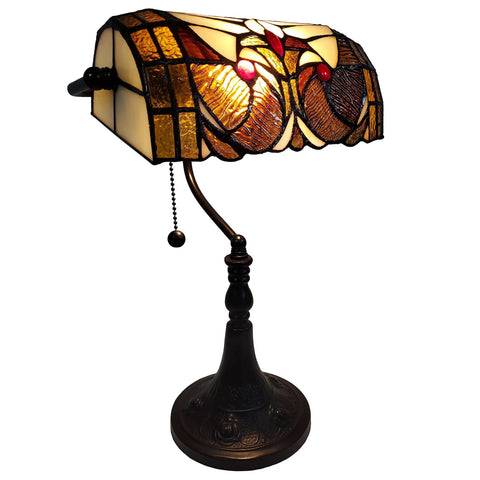 Tiffany Style Stained Glass Desk Lamp with 16 Inch Tall Body, Dark Amber Finish, Swivel Arm and Tilting Shade