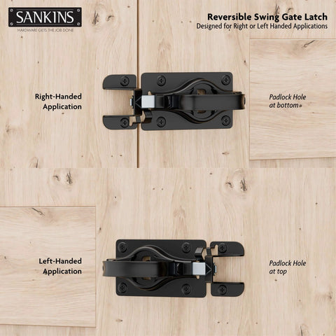 Image showing reversible swing gate latch installed on wood with right and left-handed options, padlock holes visible.