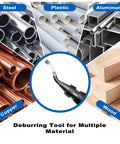 Heavy Duty 11-Blade Deburring Tool Set For Metal, Plastic, Resin & Aluminum, showing tool and materials used like copper, steel, and plastic.