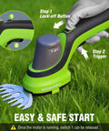 Close-up of Cordless 7.2V Handheld Grass Trimmer With 2 In 1 Hedge Trimmer And Grass Shears on grass, showing lock-off button and trigger