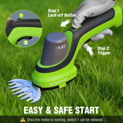 Close-up of Cordless 7.2V Handheld Grass Trimmer With 2 In 1 Hedge Trimmer And Grass Shears on grass, showing lock-off button and trigger