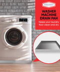 Built Tough Stainless Steel Washer Drain Pan Tray For No Fuss Leak Prevention And Spill Containment Under Washer Floor Protection 27x25x2.5 Inches Rust Resistant Rugged Laundry Appliance Shield next to a washing machine