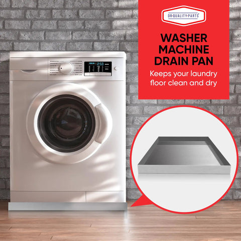 Built Tough Stainless Steel Washer Drain Pan Tray For No Fuss Leak Prevention And Spill Containment Under Washer Floor Protection 27x25x2.5 Inches Rust Resistant Rugged Laundry Appliance Shield next to a washing machine