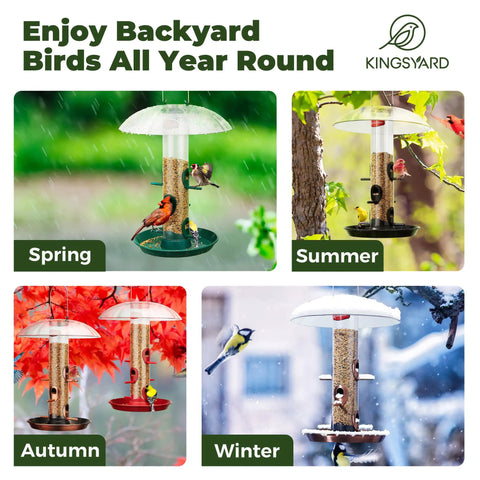 Outdoor Metal Bird Feeder That Hangs Easy On Deck With Oversized 11.5 Inch Protective Dome And 8 Inch Removable Tray Holds 3 Lbs Seed