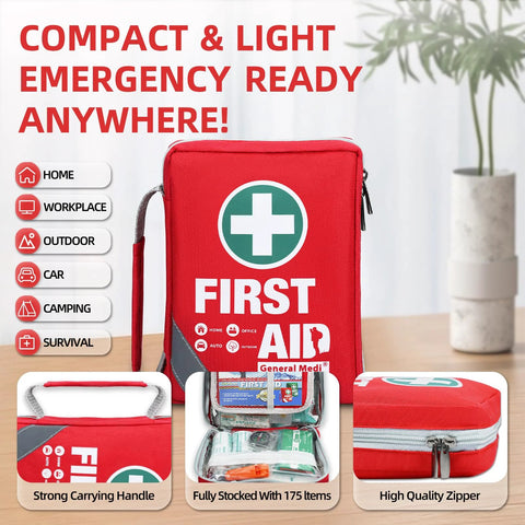 Front view of red General Medi compact first aid kit bag, 175-item stocked with reflective design