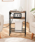 Slim Side Table With Charging Station And USB Ports For Small Spaces, Narrow End Table With Storage Shelf, Rustic Brown and Black
