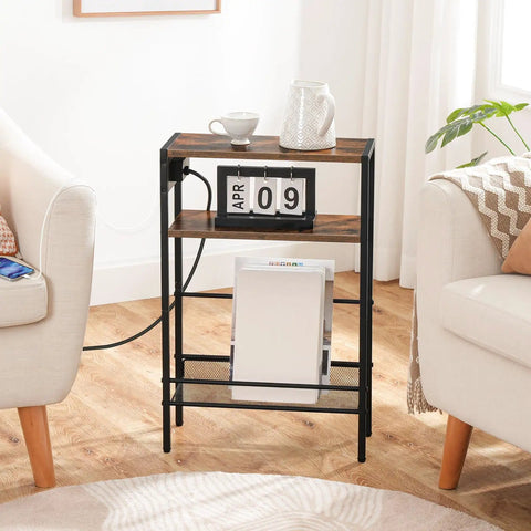 Slim Side Table With Charging Station And USB Ports For Small Spaces, Narrow End Table With Storage Shelf, Rustic Brown and Black