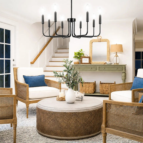 Killer 8 Light Black Chandelier With Dang Sharp Matte Finish For Farmhouse Dining Room And Kitchen Island hanging above a cozy seating area.