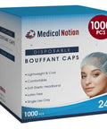 Product box of Blue 24 Inch Disposable Bouffant Caps Hair Net Case Of 1000 Non Woven Non Pleated PPE For Medical Hospitals Labs.