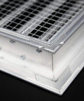 Close-up of Heavy Duty Aluminum Exterior Gable Louver Vent for Walls and Crawlspace, 30x34 inches with screen mesh detail, corner angle view.