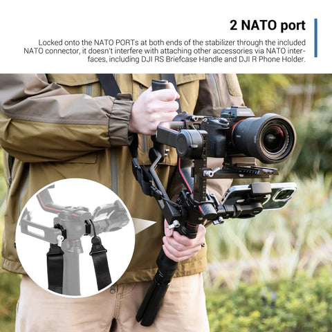 Person holding gimbal with Dual NATO Gimbal Strap for DJI RS 3 Pro RS 3 RS 2 and RSC 2, supporting camera setup.