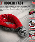 Heavy Duty Synthetic Recovery Soft Shackle With Red Chafe Sleeve Seven Sixteenth Inch Diameter MBS 45,500 Lbs For Off Road Vehicle Towing And Recovery Gear Made In USA shown in action with rope extension, recovery point, and hitch receiver.