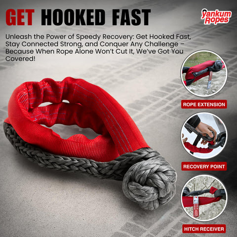 Heavy Duty Synthetic Recovery Soft Shackle With Red Chafe Sleeve Seven Sixteenth Inch Diameter MBS 45,500 Lbs For Off Road Vehicle Towing And Recovery Gear Made In USA shown in action with rope extension, recovery point, and hitch receiver.