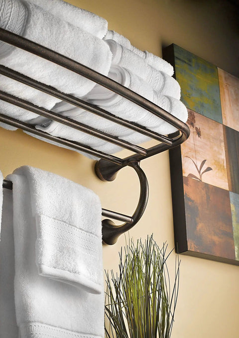 Eva Collection Brushed Nickel 26 Inch Wide Hotel Style Towel Shelf Wall Mounted Towel Rack in bathroom setting with towels.