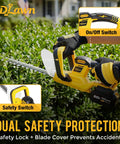 Cordless 20V Hedge Trimmer with 22 inch blade, safety switches, and dual-action system, shown in use on green shrub
