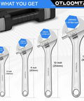 4 Piece Adjustable Wrench Set Featuring 6 8 10 12 Inch Wrenches, Industrial Grade Heavy Duty Chrome Vanadium Steel, Wide Jaw Opening