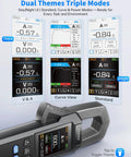 Beast Precision Digital Clamp Meter 600A TRMS interface showing day and night themes with data logging features.