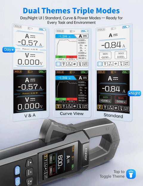 Beast Precision Digital Clamp Meter 600A TRMS interface showing day and night themes with data logging features.