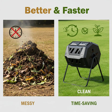 Comparison of a pile of compost versus Outdoor Tumbling Composter 43 Gallon Dual Chamber With Black Door Fast Assembly Rotating Compost Bin For Backyard Garden And Yard Efficient Composting For Fresh Organic Soil.