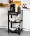 Three Tier Rolling Utility Cart With Secure Locking Casters, Versatile Kitchen And Bathroom Storage Organizer, Lightweight Plastic Beverage Station, No Sweat Daily Hustle Setup And A Sweet Everyday Flex In Matte Black, showcasing coffee setup.