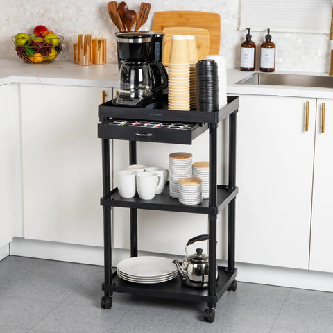 Three Tier Rolling Utility Cart With Secure Locking Casters, Versatile Kitchen And Bathroom Storage Organizer, Lightweight Plastic Beverage Station, No Sweat Daily Hustle Setup And A Sweet Everyday Flex In Matte Black, showcasing coffee setup.