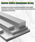 Stack of aluminum alloy bars labeled Native 6063, emphasizing chemical stability and durability on marble background.