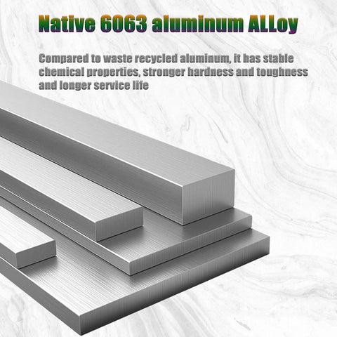 Stack of aluminum alloy bars labeled Native 6063, emphasizing chemical stability and durability on marble background.
