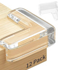 Premium Clear Silicone Corner Protectors And Table Edge Guards For Kiddos And Heavy Duty Furniture Bumpers in a 12 pack on a wooden table.
