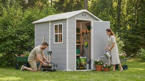Sturdy Outdoor Resin Storage Shed 4x6 With Floor, Window, Vent, Rainwater Drainage, Lockable Door, All Weather Plastic Garden Shed