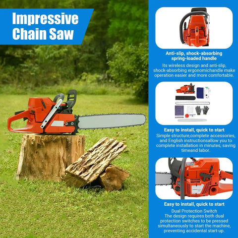 Gas Powered Chainsaw With 28 Inch Bar And 71CC Two Stroke Beast Power Delivers Up To 2KW At 10000 RPM on tree stump