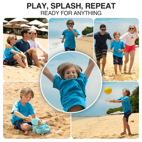 Boy enjoying beach in Boys UPF 50 Rash Guard Swim Shirt With Loose Tee Fit Short Sleeve Solid Aqua For Beach Surf Pool Time