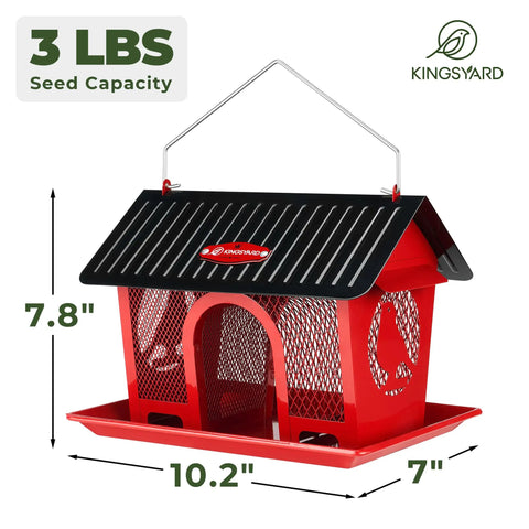 Outdoor Hanging Bird Feeder With Dual Mesh Compartments, Metal Seed Tray, And Weatherproof Roof, 3 Lb Large Capacity, Red Finish