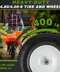 Front view of 4.80/4.00-8 wheelbarrow tire and wheel; 16" solid flat-free tire, 3" hub, 5/8" and 3/4" bearings.
