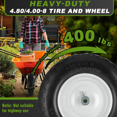 Front view of 4.80/4.00-8 wheelbarrow tire and wheel; 16" solid flat-free tire, 3" hub, 5/8" and 3/4" bearings.