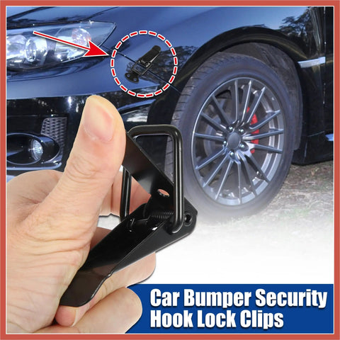 Universal Car Bumper Hook Clips Quick Release Fasteners for trunk and bumpers shown held in hand next to car installation.