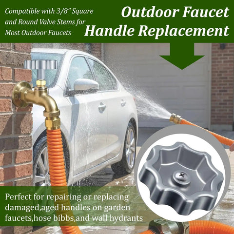 Rust-Resistant Round Wheel Faucet Handle Replacement for Outdoor Spigots installed on garden hose, car washing in background