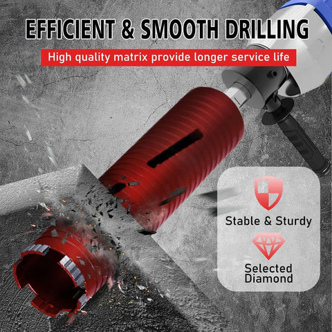 Diamond core drill bit, 2.5 in diameter, red with two adapters for concrete and masonry drilling.