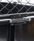 Latch detail on Beefy Heavy Duty Steel Dump Cart For Tractors ATVs And UTVs With 22 Cubic Feet And 750 LB Capacity