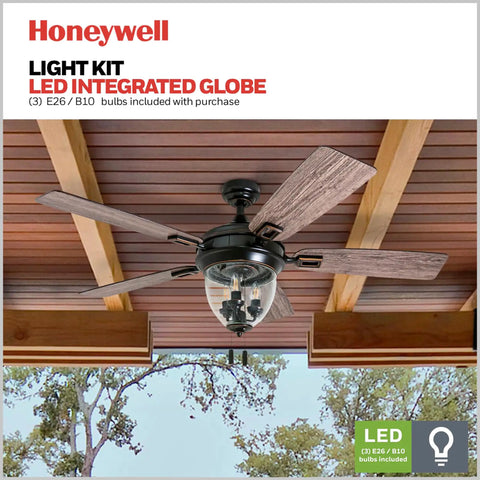 Glencrest 52 Inch Indoor Outdoor LED Ceiling Fan With Light And Pull Chain, dual finish blades, mounted on wood ceiling.