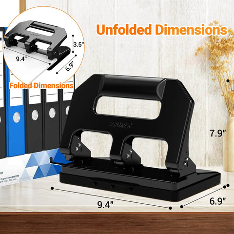 Heavy Duty 3 Hole Puncher For Binders With 40 Sheet Capacity, 10,000 Uses, Metal Construction, Ergonomic, Black Finish, dimensions