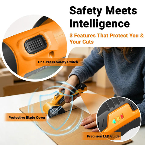 Heavy Duty Cordless Electric Scissors With Led Work Light And Safety Lock, Rechargeable 4V Box Cutter showing safety switch and blade cover.