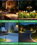 Image showcasing Low Voltage Outdoor LED Path Lights 12V 4W 2700K illuminating pathways, garden, backyard, and driveway at night.